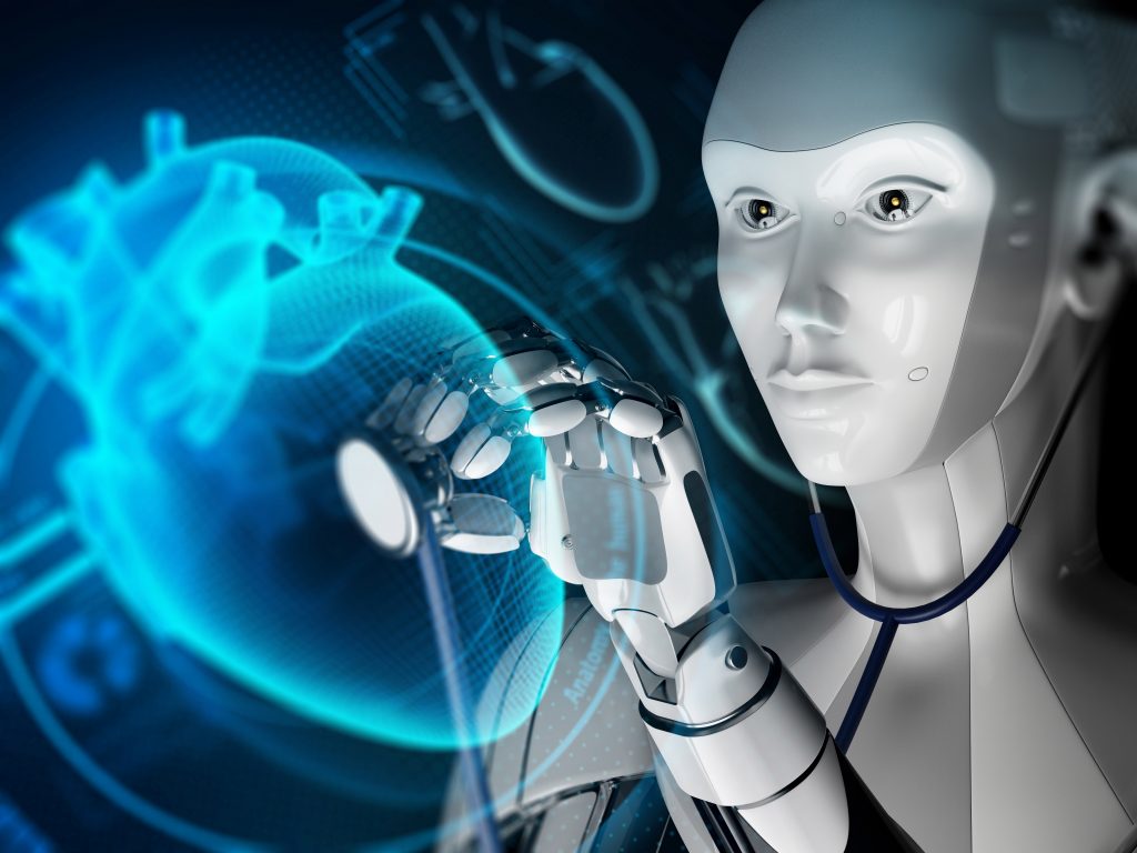 Medicina, Robotica e Intelligenza Artificiale.
Un intervento medico di precisione in un ospedale futuristico.
Ologramma di un miocardio umano (cuore ).